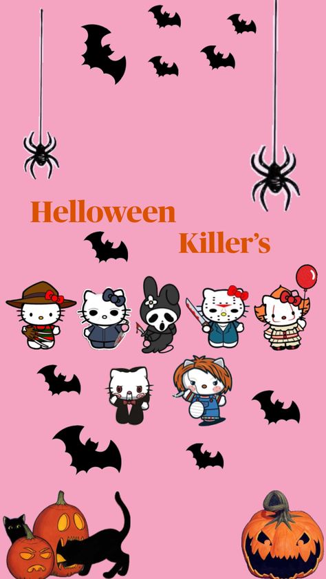 #halloween #halloweenwallpaper #sanrio #sanriohalloween #fridaythe13th #ghostface #freddy #it #chucky #michaelmyers #wallpaper #hellokitty #hellokittywallpaer Sanrio Halloween Wallpaper, Sanrio Halloween, Scary Wallpaper, Kitty Drawing, Hello Kitty Drawing, Hello Kitty Backgrounds, Bee Art, Ghost Faces, Wallpaper For Your Phone