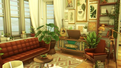 Boho Apartment 1970s Room, Boho House Interior, Living Room Sims 4, Boho Apartment, Sims Freeplay Houses, Boho Apartments, Vintage Apartment, Sims 4 House Building, Apartment Plants