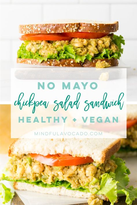 Vegan chickpea salad sandwich is an easy and healthy lunch recipe! Simple ingredients like mashed chickpeas, avocado, celery, and dill, this plant-based sandwich filler is perfect for lunch! #veganlunch #nomayo #chickpeasalad #avocado #cleaneating #healthymeal #vegan #vegetarian #glutenfree | Mindful Avocado Healthy Chickpea Salad, Vegan Chickpea Salad, Smashed Chickpea, Chickpea Sandwich, Vegan Sandwich Recipes, Chickpea Salad Sandwich, Chickpea Salad Recipes, Vegan Lunch Recipes, Lunch Recipe