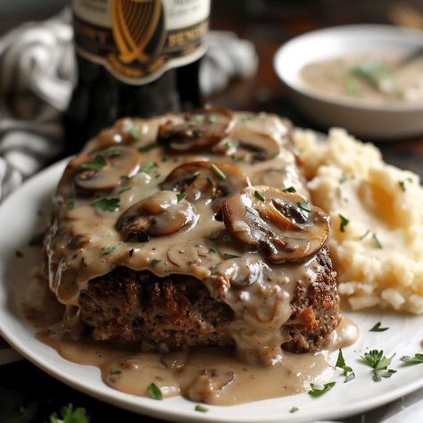 Guinness Meatloaf with Creamy Mushroom Gravy Guinness Gravy Recipes, Meatloaf With Mushroom Gravy, Mushroom Meatloaf, Creamy Mushroom Gravy, Mushroom Gravy Recipe, Work Recipes, Warm Kitchen, Cool Autumn, French Fried Onions