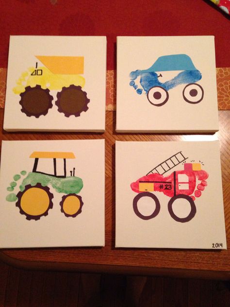 Footprint turned into cars and trucks and tractors Hand Print Art, Transportation Crafts, Footprint Crafts, Footprint Art, Handprint Crafts, Handprint Art, Toddler Art, Fathers Day Crafts, Birthday Gifts For Boys