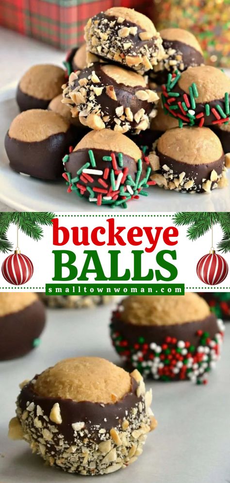 Here's a Christmas treat to make for gift-giving and candy trays! Creamy and dipped in chocolate, these peanut butter balls are fun and delicious. Plus, these Ohio Buckeye Balls are easy to decorate! Save this holiday dessert recipe! Peanut Butter Buckeye Cookies, Christmas Buckeye Balls, Buckeye Balls With Rice Krispies, Buck Eye Balls, Buckeye Desserts, Christmas Buckeyes, Buckeye Fudge Recipe, Buckeye Cookies Recipe, Buckeye Dessert