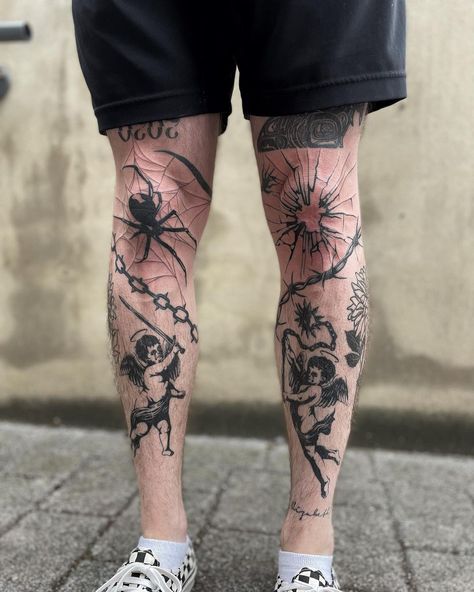 Bmth Tattoo, Blitz Tattoo, Black Tattoo Cover Up, Gangsta Tattoos, Leg Tattoo Men, Weird Tattoos, Knee Tattoo, Tattoo Cover, Home Tattoo