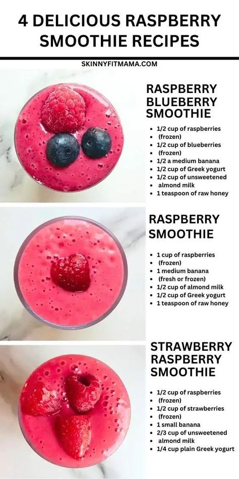 The Best Raspberry Smoothie Recipes You Will Ever Try! - Skinny Fit Mama Raspberry Smoothie Recipe, Smoothie Recipes Raspberry, Good Smoothie Recipes, Smoothie Recipes With Raspberries, Simple Berry Smoothie, Mango Raspberry Smoothie, Rasberry Smoothie, Smoothie Bowl Recipe Raspberry, Simple Smoothie Recipes