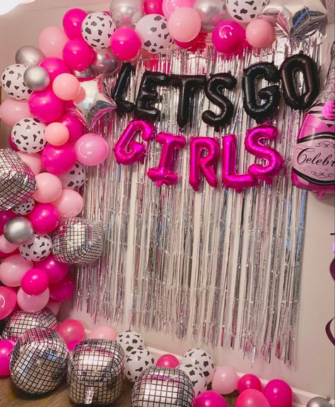 Bach Party Ready 🤍 #bachelorettepartyideas #bachelorette #spacecowgirl #discobach #letsgogirls #partydecor #pink Bachelorette Party Decorations Cowgirl, Pink Cowgirl Party Games, Sweet 16 Disco Cowgirl Party, 40th Birthday Cowgirl Theme, 18th Birthday Party Cowgirl, Pink Cowgirl Decorations, 30th Cowgirl Party, Disco Cowgirl Balloon Arch, Pink Cowgirl Themed Birthday Party