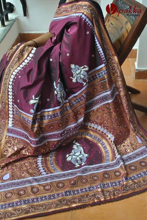 Patachitra Saree, Pattachitra Saree, Saree Drawing, Pattachitra Art, Worli Painting, Churidar Neck, Cloth Painting, Churidar Neck Designs, Sun Prints