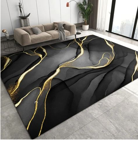 Black And Gold Living Room, Remodeling House, Black Living Room Decor, Coffee Table Rug, Carpet Modern, Gold Living Room, Black Living Room, Serene Bedroom, Gray Marble