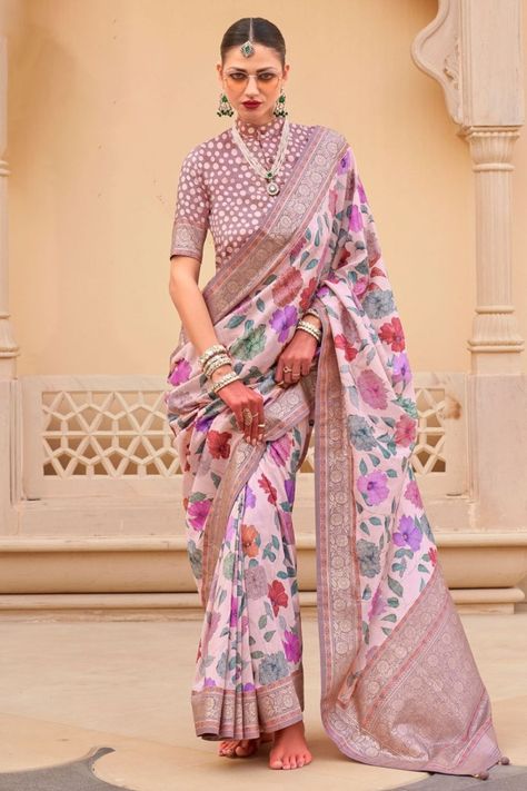 Blush Pink Silk Floral Printed Saree Party Wear Traditional, Brocade Blouse, Indian Designer Sarees, Party Sarees, Latest Designer Sarees, Traditional Saree, Trendy Sarees, Elegant Saree, Traditional Sarees