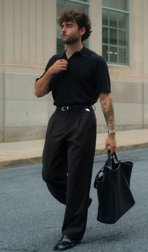 Sopranos Outfit Ideas Men, La Street Style Mens, Black Smart Casual Men’s Outfit, Daniel Simmons Outfit, Daniel Simmons, Full Black Outfit, Face Ideas, Digital Wardrobe, Black Outfit Men