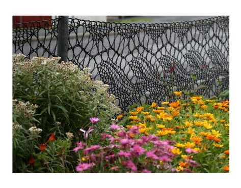 Anne Eunson from Burra, Shetland knitted herself a lace fence using strong black twine, the same kind used to make fishing nets. #plocomiKnits Knitted Fence, Crochet Twine, Sensory Garden, Cob House, Fishing Nets, The Time Is Now, Garden Projects, Twine, Front Yard