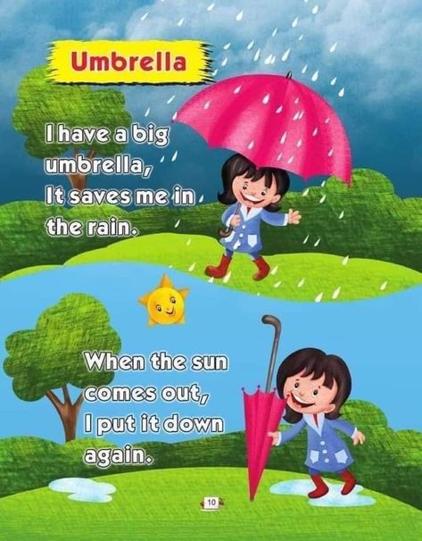 Umbrella kids poem. Kindergarten and preschool poem for kids. homeschooling worksheet Rain Rhymes, Poem With Rhyming Words, Poem For Kindergarten, Simple Poems For Kids, Poem Kindergarten, Poems For Kindergarten, English Rhymes For Kids, Short Poems For Kids, Poem English