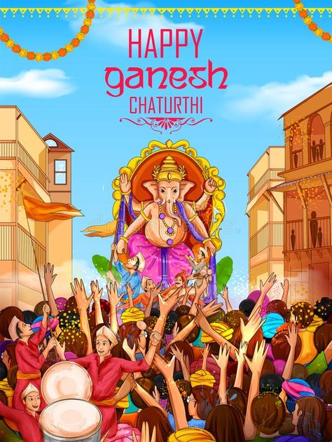 Indian people celebrating Lord Ganpati background for Ganesh Chaturthi festival of India. Illustration of Indian people celebrating Lord Ganpati background for vector illustration Ganpati Background, Ganesh Chaturthi Greetings, India Illustration, Ganesh Chaturthi Festival, Wedding Illustration Card, Ganesh Puja, People Celebrating, Ganpati Bappa Wallpapers, Ganpati Bappa Photo