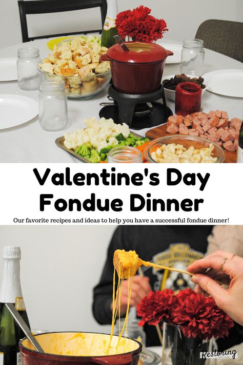 See how we have a successful annual fondue dinner for our favorite Valentine's Day tradition! Your taste buds will thank you. Valentines Day Dinner Recipes, Valentines Specials, Family Valentines Dinner, Recipes Treats, Fondue Dinner, Valentines Food Dinner, Valentines Classroom, Dinner Specials, Fondue Night