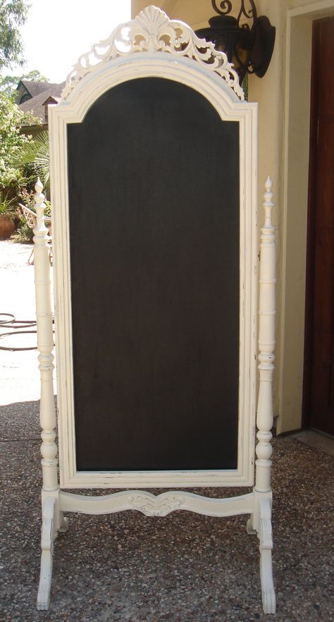 Great for a consignment or resale shop foyer. Use as a chalkboard or as a poster holder for an ever-changing "message" board. Follow the blog for Professional Resalers http://AuntieKate.wordpress.com for an upcoming way to keep folks engaged with and talking about your shop! Mirror Repurpose, White Chalkboard, Board Paint, Boutique Decor, Diy Products, Resale Shops, Chalkboard Paint, Store Displays, Chalkboard Art