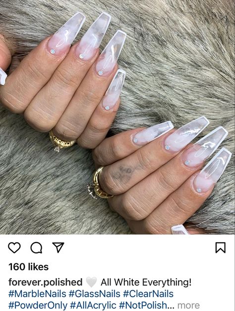 Clear white foggy marble smoke rhinestone coffin acrylic nails White Foggy Nails, White Smokey Nails, Ice Nails Acrylic Clear, Foggy White Nails, Clear White Acrylic Nails, Foggy Nails, Marble Nails With Rhinestones, White And Clear Nails, White Nails Marble