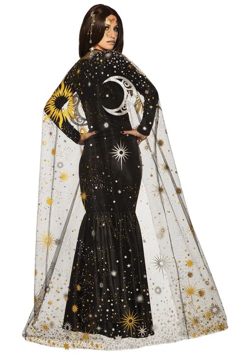 Join the other heavenly bodies when you transform into a celestial goddess! With this beautiful cape you can turn any outfit into a regal, astrological masterpiece! With the right accessories all eyes will be on you! You'll be rteated like the glitte Sun Moon Stars Costume, Cosmo Witch, Moon Goddess Costume, Halloween Goddess, Stars Costume, Fur Trimmed Cape, Moon Costume, Spooky Spooky, Costume Capes