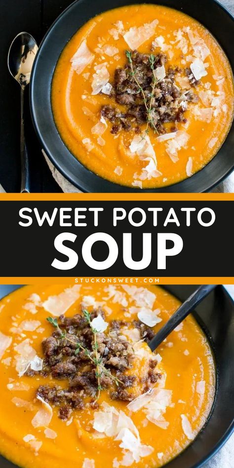 Learn how to make the best sweet potato soup for your cozy dinner recipes! This easy soup recipe with crumbled sausage is so delicious, you just can't get over it. It's healthy, too! What's not to love? Sweet Potato Sausage Soup, Sweet Potato And Ground Beef, Potato And Ground Beef, Cozy Dinner Recipes, Potato Sausage Soup, Sweet Potato Sausage, Ground Beef Soup, Easy Soup Recipe, Best Sweet Potato