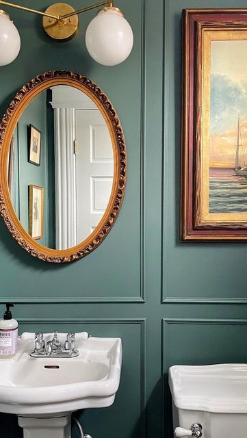 Dark Green Powder Room, Trim Molding Ideas, Green Powder Room, Chrome And Brass Bathroom, Small Bathroom Pictures, Green Picture Frames, Bathroom Picture Frames, Carved Mirror, Picture Molding