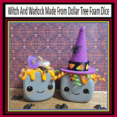 Witch And Warlock Made From Dollar Tree Foam Dice Dollar Store Dice Crafts, Foam Dice Dollar Tree Crafts, Dollar Tree Dice Crafts Diy, Foam Dice Crafts, Witch And Warlock, Marshmallow Decor, Salt Ornaments, Dice Crafts, Diy Halloween Cat