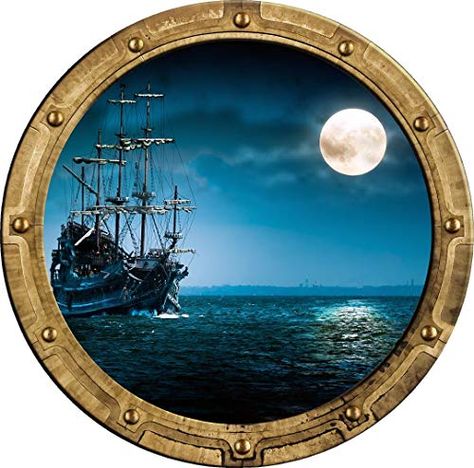 18" Port Scape Instant Sea Window View Ship in Moonlight #1 Rustic Porthole Wall Decal Sticker Graphic Pirate Boat Oc... Navy Bedroom, Baby Wall Stickers, Boat Illustration, Pirate Boats, Bedroom Theme, Porthole Window, Nursery Decor Wall, Sticker Graphic, Playroom Nursery