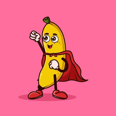 Cute Banana fruit character with Super hero costume and trying to fly. Fruit character icon concept isolated. Emoji Sticker. flat cartoon style Vector Banana Character, Super Hero Costume, Fruit Character, Banana Costume, Cartoon Pic, Cartoon Banana, Character Icon, Banana Man, Cute Banana