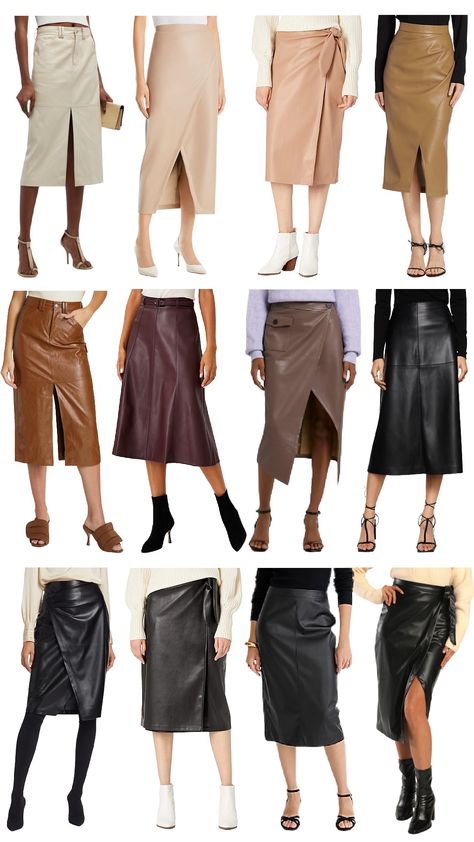 Leather Midi Skirts + How to Style Them How To Style Midi Leather Skirt, Midi Leather Skirt Outfit Winter, Black Leather Midi Skirt Outfit, Midi Leather Skirt Outfit, Leather Midi Skirt Outfit, Leather Skirt Outfit Winter, Leather Skirt Midi, Midi Skirt Outfit Winter, Leather Mini Skirt Outfit