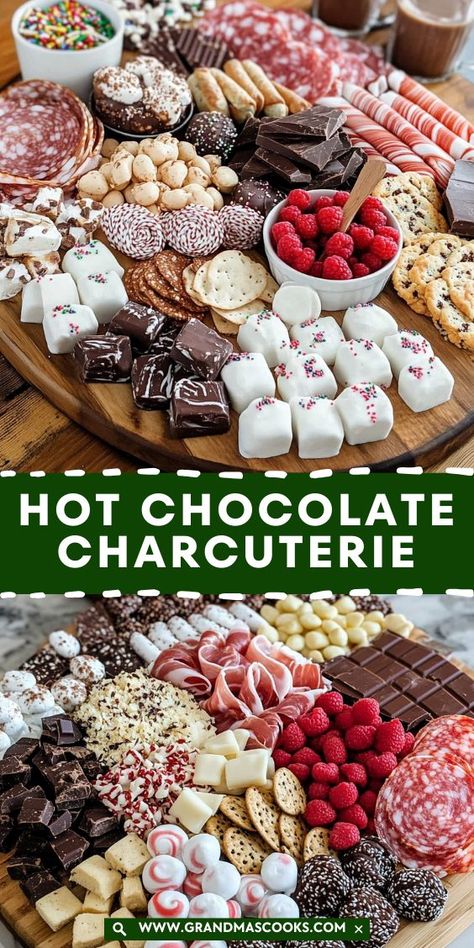 Warm up your winter celebrations with this Hot Chocolate Charcuterie Board! A creative way to enjoy a classic holiday drink, complete with toppings like chocolate shavings, crushed cookies, and a variety of syrups. Hot Chocolate Charcuterie Board Ideas, New Years Charcuterie Board, Hot Cocoa Charcuterie Board, Sweet Charcuterie Board, Hot Chocolate Board, Hot Chocolate Charcuterie Board, Hot Chocolate Charcuterie, Chocolate Charcuterie Board, Chocolate Charcuterie