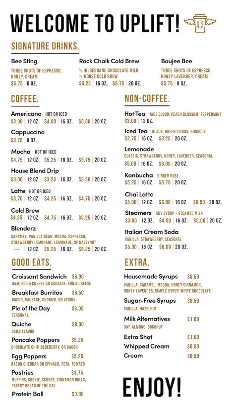 Menu | Uplift Coffee in Lawrence, KS Coffee Drink Menu Ideas, Coffee Van Menu Ideas, Coffee Drive Thru Menu Board, Coffee Food Truck Menu Ideas, Coffee Shop Recipes Food, Food For Coffee Shop, Coffee Shop Menu Board Ideas, Coffee Trailer Menu Ideas, Cafe Must Haves