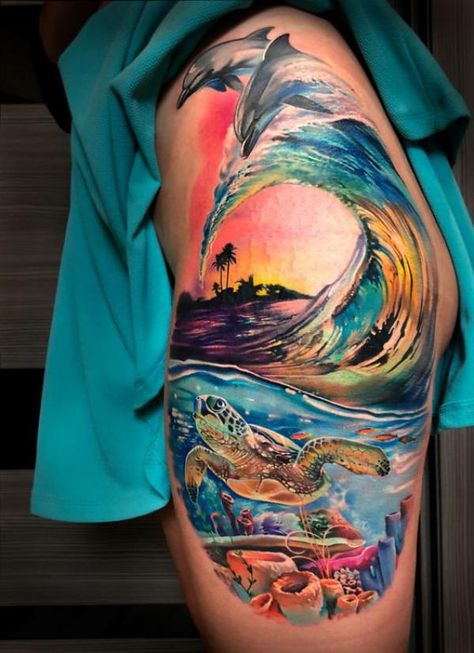 Ocean Calf Tattoos For Women, Turtle Sleeve Tattoos For Women, Ocean Tattoo Sleeve For Women Colour, Color Turtle Tattoo, Ocean Themed Tattoos For Women, Underwater Sleeve, Ocean Tattoos Sleeve For Women, Aquatic Tattoo, Ocean Tattoo Ideas