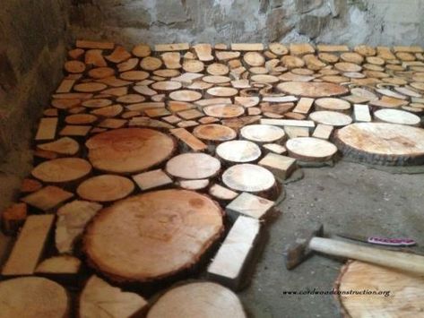 End Grain Flooring, Cordwood Homes, Diy Wood Floors, Wood Deco, Cord Wood, Barn Parties, Cement Diy, Rustic Chandelier, Cabin In The Woods