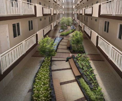 architectural indoor atriums | SINGLE-LOADED CORRIDOR & GARDEN ATRIUM Single Loaded Corridor, Atrium Landscape, Garden Atrium, Corridor Garden, Atrium Garden, Courtyard Landscape, Interior Hotel, Pathway Landscaping, Corridor Design