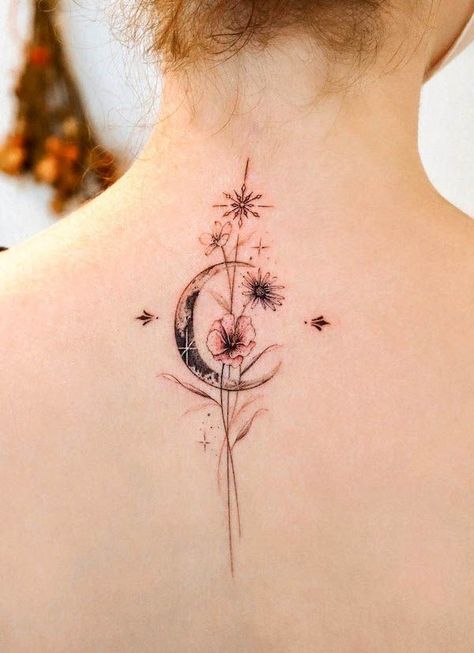 Moon and flower spine tattoo by @tattooist_giho Rose Spine Tattoo, Back Tattoo Women Spine, Borboleta Tattoo, Nape Tattoo, Floral Back Tattoos, Lillies Tattoo, Flower Spine Tattoos, Spine Tattoo Ideas, Celestial Tattoo