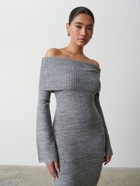 Candy is 5'6 & size UK S Knitted Dress Winter, Knited Dress, Off Shoulder Knit Dress, Long Grey Dress, Over The Shoulder Dress, Off The Shoulder Sweater Dress, Grey Long Dress, Pretty Lavish, Grey Long Sleeve Dress