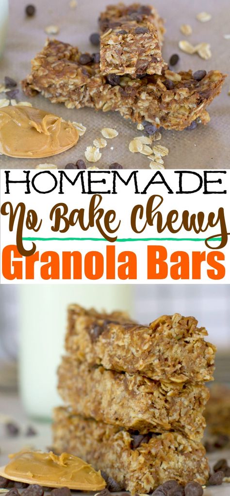 No Bake Peanut Butter Chocolate Chip Homemade Chewy Granola Bars Homemade Chewy Granola Bars, Peanut Snacks, Granola Bar Recipe Chewy, Chewy Granola Bars Homemade, Granola Summer, Easy Granola Bars, Peanut Snack, Easy Bar Recipes, Peanut Butter Protein Bars