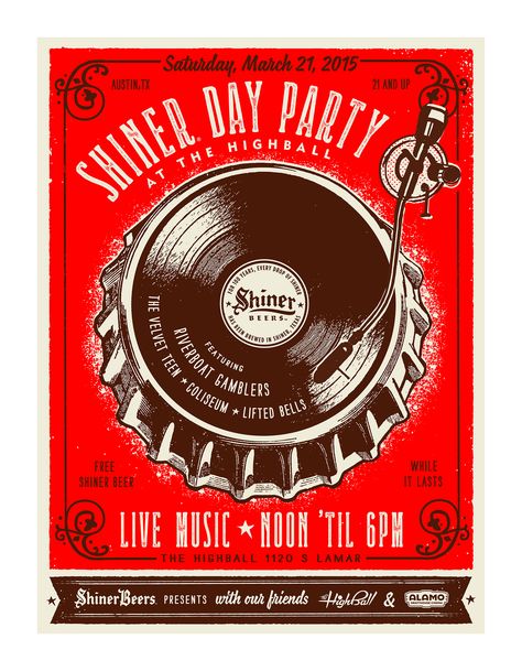 Shiner SXSW Poster. Austin ADDY Gold winner. Sxsw Poster, Licorice Pizza, Jazz Concert, Dj Logo, Poster Inspiration, Party Flyers, Gig Poster, 광고 디자인, Vinyl Record Art