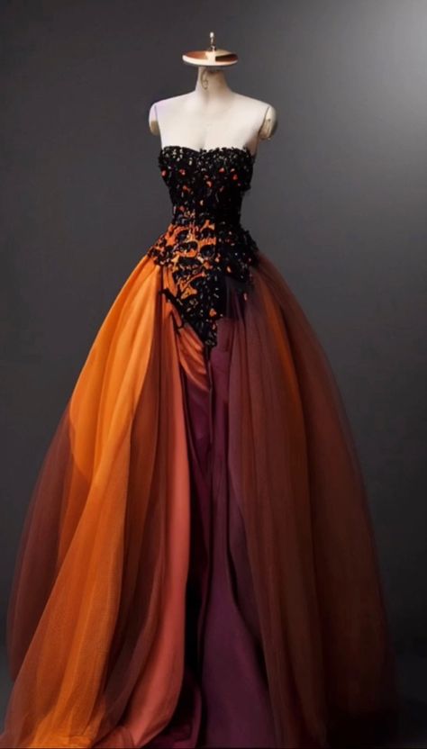 ACOTAR Autumn Court inspired gown Autumn Court Dress, Acotar Dress, Acotar Fashion, Black And Orange Dress, Autumn Court, Puffy Prom Dresses, Midnight Dress, Stormlight Archives, Fantasy Ball