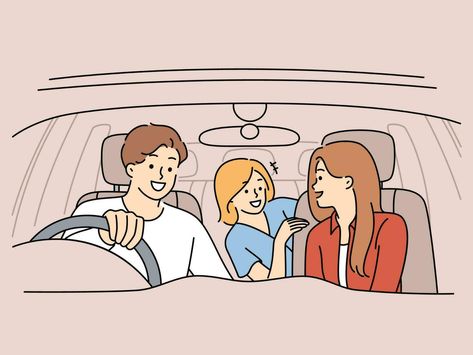 Happy family with child driving in car together. Smiling parents with kid have fun enjoy road trip in automobile. Adventure and journey. Vector illustration. Wedding Illustration, Car Illustration, In Car, Happy Family, Children Illustration, Kids And Parenting, Have Fun, Vector Art, Road Trip