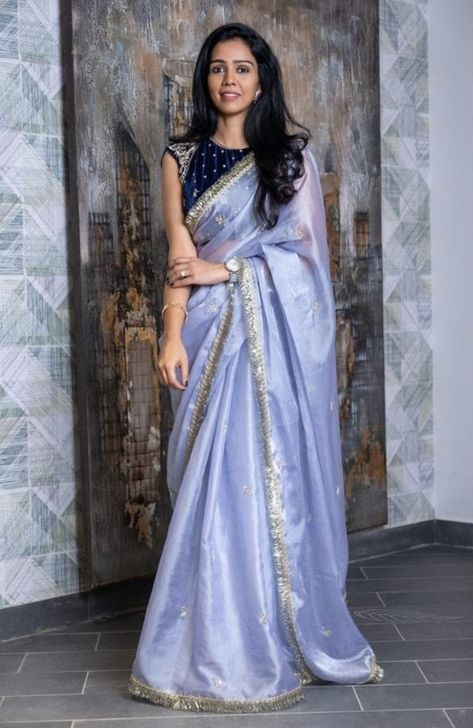 Blue Colour Lehenga, Blue Tissue Saree, Tissue Saree Blouse Designs, Tissue Saree Blouse, Lehanga Models, Blue Blouse Designs, Simple Saree Designs, New Saree Designs, New Saree Blouse Designs