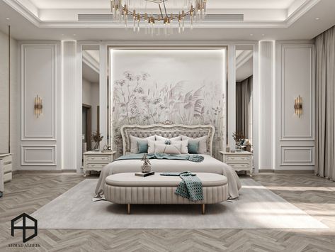 Luxurious Neoclassic Master Bedroom and home office on Behance Classical Master Bedrooms Decor, Master Bedrooms Decor Neoclassic, Master Bedrooms Classic, Modern Classic Bedroom Luxury, Bedroom Ideas Classic Style, Neoclassical Interior Design Luxury, Classic Bedroom Design Luxury, Neoclassical Bedroom Design, Luxury Master Bedrooms Decor