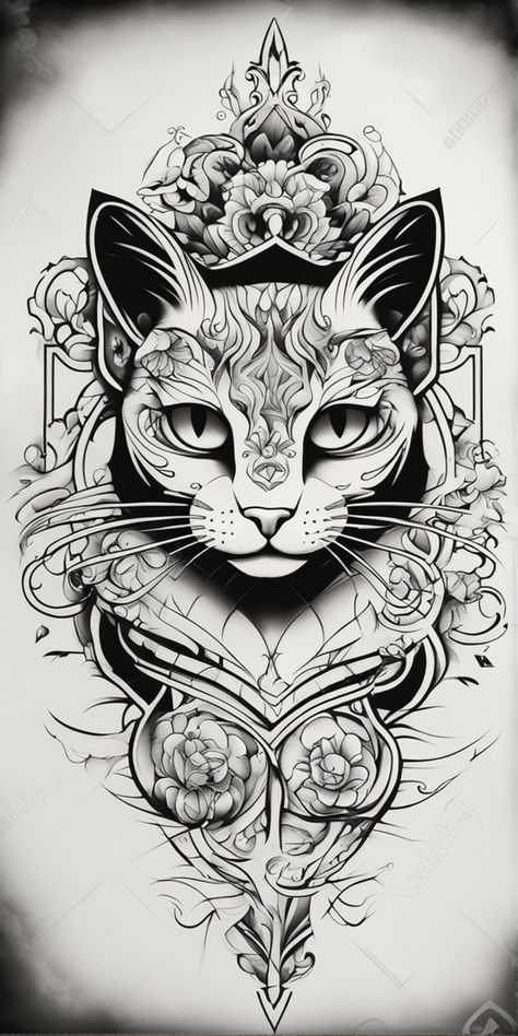 This is a black and white stencil-style image of a cat tattoo on a blank canvas. The design is simple yet intricate with stark contrast, emphasizing the cat's features. Black And White Stencil, A Cat Tattoo, Cat Tattoo Design, Cat Tattoo Designs, Kitty Images, Tattoo Stencils, Blank Canvas, Cat Tattoo, Tattoo On