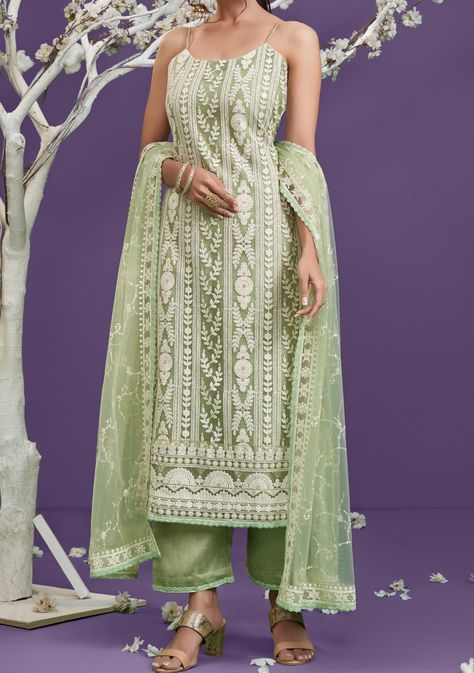 Alizeh Designer Lucknowi Party Wear Salwar Suit: Deshi Besh. Cotton Thread Embroidery, Pista Green, Cotton Decor, Traditional Suit, Silk Bottoms, Fancy Dress Design, Thread Embroidery, Dress Spaghetti, Kurta Designs