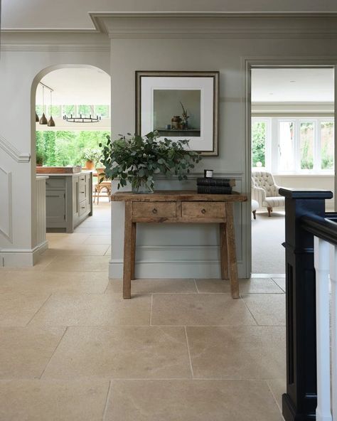 Cottage Hallway, Cottage House Interior, Cotswold House, Lydia Millen, Natural Stone Tile Floor, Kitchen And Dining Area, Tiled Hallway, Condo Living Room, New England Homes