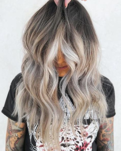 Dirty Blonde Root Fade with White Money Piece White Money Piece, Dark Roots Ash Blonde Hair Balayage, Root Fade, Light Brown Hair Balayage, Ash Blonde Hair Dye, Ashy Balayage, Icy Blonde Balayage, Ash Blonde Hair Balayage, Cool Ash Blonde