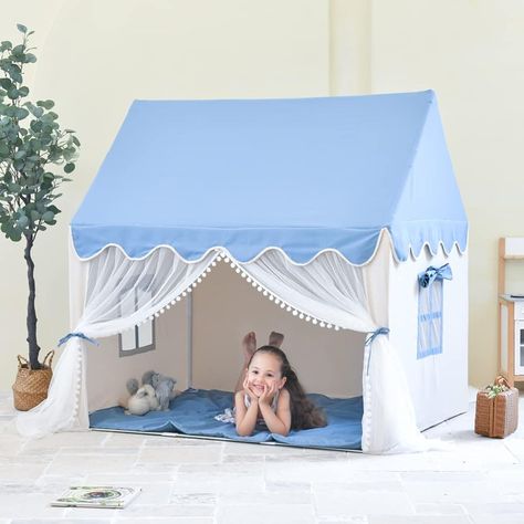 【Durable & Safe Material】Our toddler play tent fabric is made of high quality canvas material and double stitched to prevent tearing Has your child always dreamed of being a prince or princess? Living in a castle or a magical tent? Look no further than this amazing blue play tent to help your child's dream come true. Buy with confidence: The indoor kids play tent is made of high quality canvas with white lace door curtain and breathable curtain, very delicate and lovely. The kids tent creates a good environment for children with good ventilation. This kids tent is large enough for two or more children to play together indoors and not crowded. The toddler tent creates its own space for reading, talking, sleeping, relaxing, playing, anywhere indoors and outdoors. The kids tent is lightweight Toddler Play Tent, Toddler Tent, Toddler Playhouse, Kids Tent, Indoor Kids, Tent Fabric, Kids Play Tent, Kids Tents, A Prince