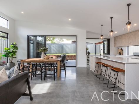 Concrete Floors Living Room, Open Plan Kitchen Dining Living, Home Structure, Open Plan Kitchen Dining, Kitchen Dining Living, Timber Frame Homes, Concrete Floor, Polished Concrete, House Extensions