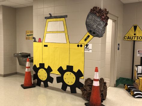 Construction classroom/hallway theme for fourth grade ; bulldozer; tractor; school decor Construction Classroom, Construction Theme Classroom, Construction Theme Preschool, Under Construction Theme, Creative Curriculum Preschool, Construction Party Decorations, Lifeway Vbs, Vacation Bible School Themes, Camping Theme Classroom