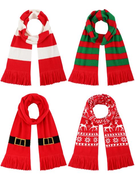 PRICES MAY VARY. Package Including: you will get 4 pieces Christmas Scarf, length about 71 inches and width about 8 inches, fitting for women, men and children; Long length allows scarf to be worn and fashioned in various styles to fit your attire Warmth and Comfort: made of quality acrylic fiber, these knit blanket scarfs for women men deliver the ideal blend of warmth, comfort, and softness, keeping you way from cold weather, making your transition from day to nighttime seamlessly comfortable; Winter Knit Scarf, Scarves Winter, Holiday Scarves, Scarf With Tassels, Christmas Scarf, Winter Shawl, Striped Scarves, Kinds Of Clothes, Scarf Hat