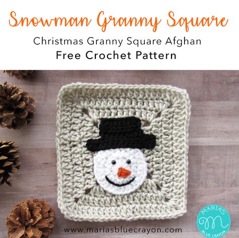 Snowman Granny Square | Free Crochet Pattern | This square is a part of the Christmas Granny Square Afghan/Blanket #crochet  #winter #christmas Snowman Applique, Reindeer Applique, Xmas Crochet, Christmas Afghan, Fox Scarf, Blue Crayon, Crochet Snowman, Hand Prints, Christmas Applique