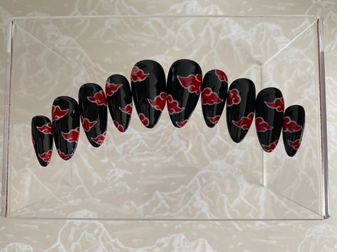 Akatsuki Nail Art, Akatsuki Nails, Clouds Nails, Nail Tech Nails, Naruto Nails, Tech Nails, Naruto Akatsuki, Anime Nails, Nail Tutorial