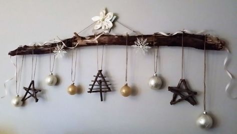 Christmas Decor: Branch & Sticks Wall Hanger; use/paint white branch, glitter, white cutout ornaments in place of stick ornaments Homemade Trinkets, Branch With Ornaments, Socks Advent Calendar, Christmas Chandelier, Holiday Wood Sign, Holiday Coasters, Glitter Globes, Christmas Vignettes, Christmas Lamp